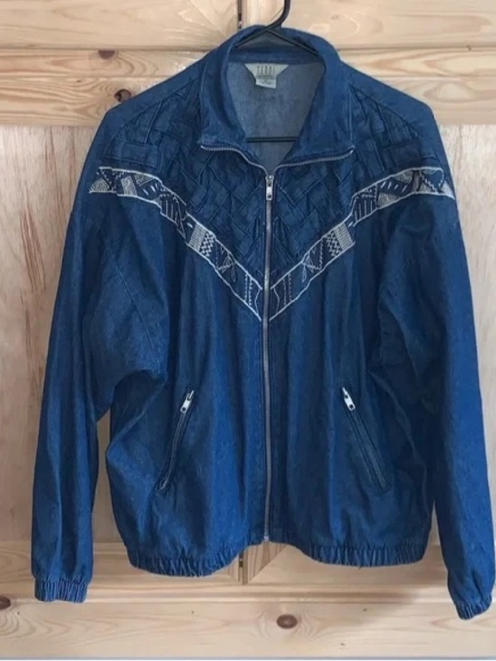 Vintage Teddi Denim Zip-Front Jacket with Patterned Yoke and Woven Detail
